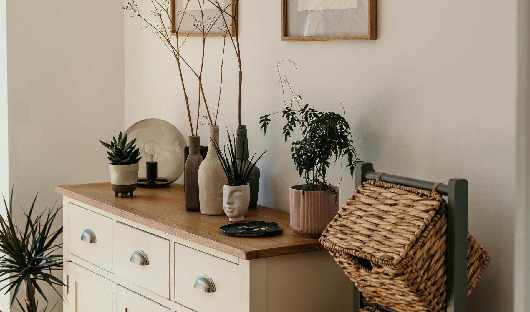 a room with a dresser, baskets and plants